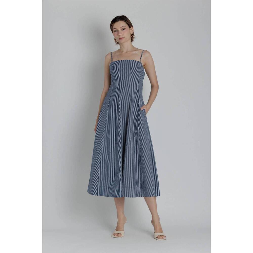 NEW AUREUM striped panel midi dress in navy